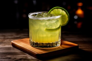 Citrusy margarita on wooden table, made with tequila, lime juice, and triple sec. Closeup on dark bar counter background. Generative AI