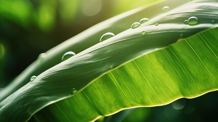 Banana leaf with dew drops in morning light