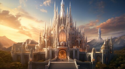 A grand, ancient cathedral bathed in the soft glow of sunrise, its intricate architecture standing as a testament to time - obrazy, fototapety, plakaty