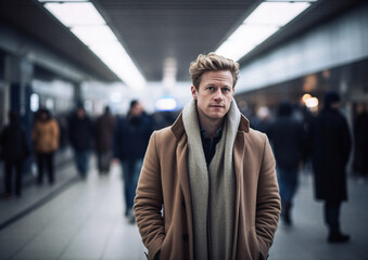 Handsome blond Caucasian man posing in a beige coat on a modern trainstation