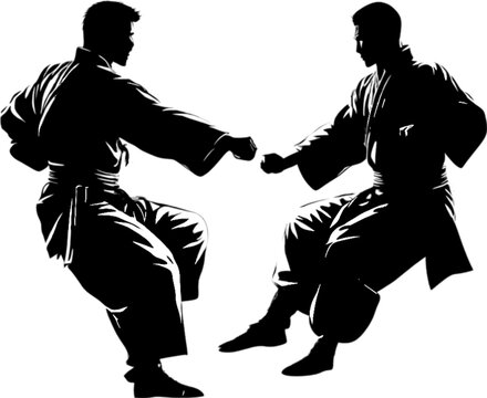 two jump-kick jujutsu fighters on a white background. AI-Generated.