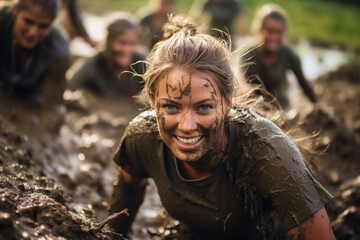 A group of beautiful young woman crawling through mud and having fun, bootcamp, nice weather