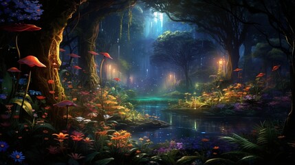 A hidden, enchanted garden filled with exotic and colorful plants, softly lit by the glow of fireflies