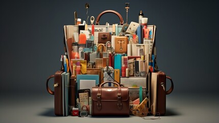 a high-end briefcase filled with a symphony of office supplies, from notepads to paperclips