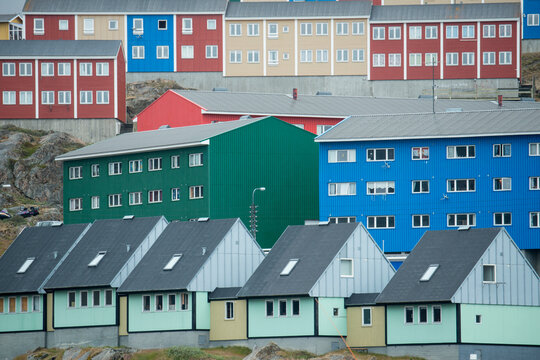 Buildings in Sisimiut looking like stacked up toys; Sisimiut, Greenland