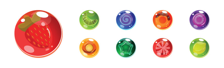 Colorful Bubbles with Candies Inside as Asset for Game Design Vector Set