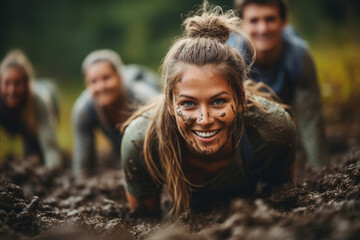 A group of beautiful young woman crawling through mud and having fun, bootcamp, nice weather