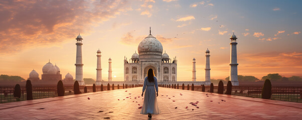 Traveler gazing at the awe-inspiring Taj Mahal in India - obrazy, fototapety, plakaty