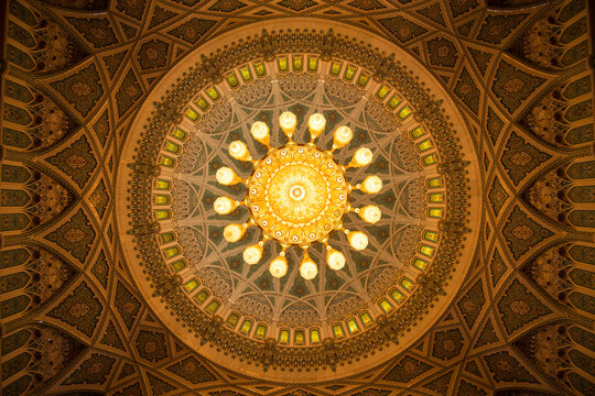 Chandelier above the praying hall inside the Sultan Qaboos Grand Mosque, viewed from directly below; Muscat, Oman