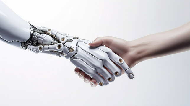 Human and robot shaking hands. Concept of connection between people and artificial intelligence technology