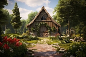A painting of a small house nestled in the serene woods. Perfect for nature lovers and those seeking a peaceful retreat.