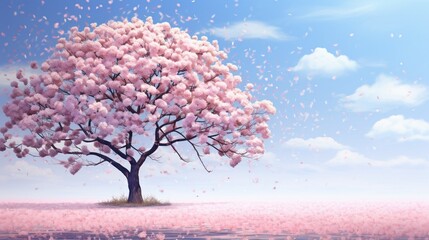 a Japanese cherry blossom tree in full bloom, its delicate pink petals drifting gently to the ground in a springtime breeze - obrazy, fototapety, plakaty