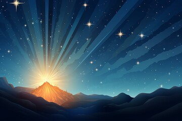 Bright Christmas star over Bethlehem with a starry sky. Nativity scene with Jesus Christ. Generative AI