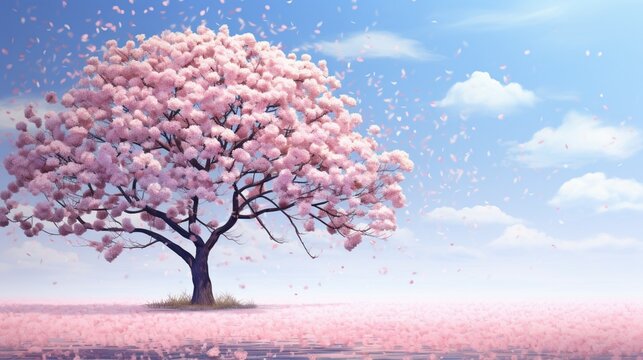 a Japanese cherry blossom tree in full bloom, its delicate pink petals drifting gently to the ground in a springtime breeze © Shahzaib