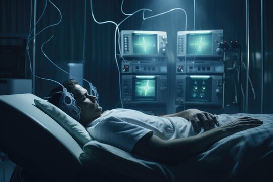 A man is lying in a hospital bed wearing headphones. This picture can be used to depict a patient enjoying music or to illustrate the concept of healing through music therapy.