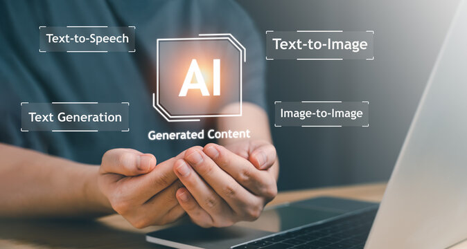 Artificial Intelligence, AI generated content Concept. Artist Man using AI Art to generate smart content. Text to image command prompt , technology Business, futuristic transformation. Chat with robot