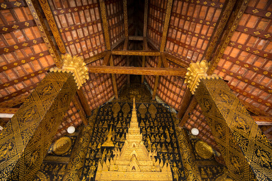 Detail of roof and supporting column inside Wat Xieng Thong Monastery; Luang Prabang, Laos