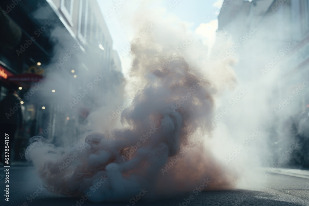 Aufkleber a cloud of smoke is captured in the middle of a street. this image can be used to depict environment