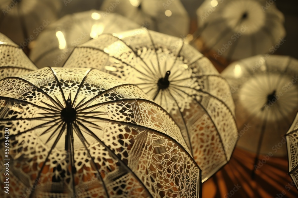 Poster A collection of white umbrellas neatly arranged on a table. Versatile and practical, this image can be used for various concepts, such as protection, outdoor events, or rainy weather.