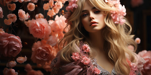 Hübsche Frau mit gelockten Haar im fliegenden Blumen Hintergrund mit edlen Make up als Poster Porträt Querformat, ai generativ