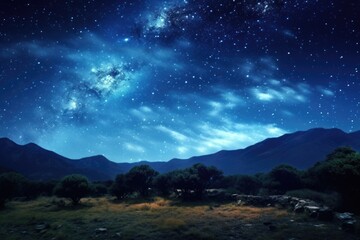 A picturesque night sky filled with twinkling stars and tall trees in the foreground. This stunning image captures the beauty of nature and the serene atmosphere of a starry night. Perfect for various