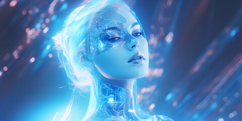 Close up portrait of a beautiful futuristic half robot woman, mystic blue skin and eyes 