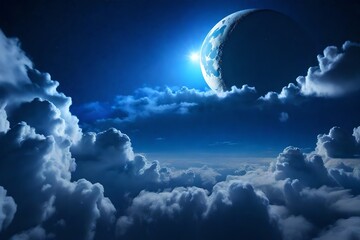 A photorealistic 3D rendering of a beautiful magic blue night sky with clouds, full moon, and stars. 