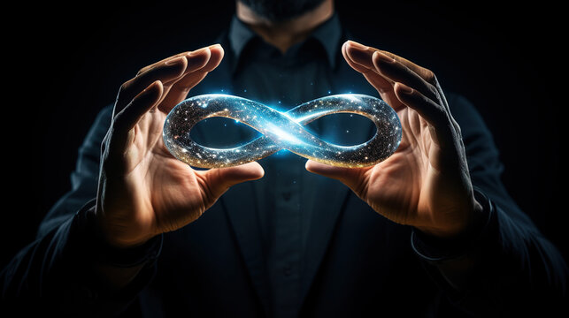 Close-up of hands holding virtual reality infinity symbol of metaverse world global network technology system
