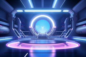 Futuristic spaceship with neon-lit podium in blue and pink interior. Corridor in space station with circular background. Generative AI