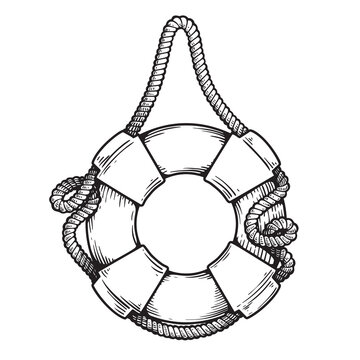 recommend clip art: Lifebuoy with ropes in sketch style. Hand drawn travel and life safe symbol. Vintage vector illustration isolated on white.