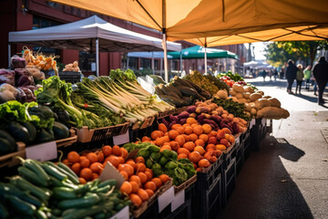 Fresh fruit and vegetables on the counter of a farmers market in the city
 - Powered by Adobe