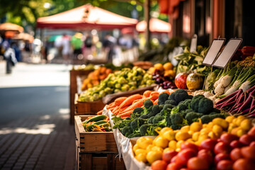 Fototapeta na wymiar Fresh fruit and vegetables on the counter of a farmers market in the city 