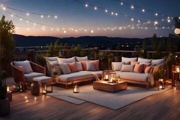 A photorealistic 3D rendering of a comfortable rooftop patio area with a lounging area, a hanging chair, and string lights at dusk in the summer.  - obrazy, fototapety, plakaty