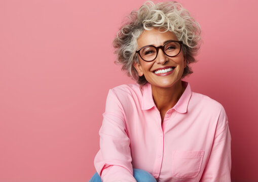 Generative AI, joyful mulato elderly woman in casual stylish clothes smiling on color background, advanced age, old lady, space for text, mature people, happy pensioner, retired lifestyle, mature