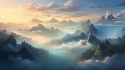 a majestic mountain range shrouded in morning mist, with towering peaks emerging from the ethereal veil, bathed in the soft, early light - obrazy, fototapety, plakaty