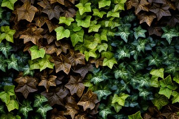 An arrangement of ivy leaves in different green and brown shades dispersing organically. Generative AI - obrazy, fototapety, plakaty