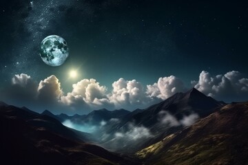 Night mountain landscape with starry sky, moon, and clouds. Generative AI