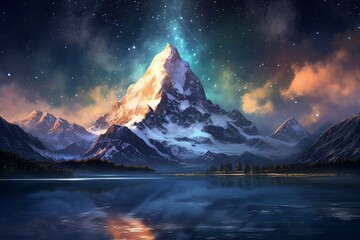 Beautiful nighttime scenery with snow-capped mountain peaks and a stunning starry sky. Generative AI