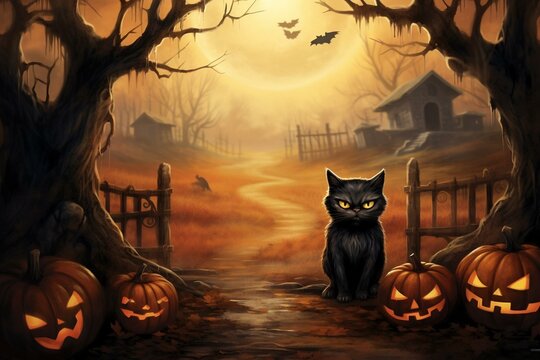 A spooky autumn woodland scene with brown and ochre tones, featuring a cat, pumpkin trees, and a spider picture. Generative AI