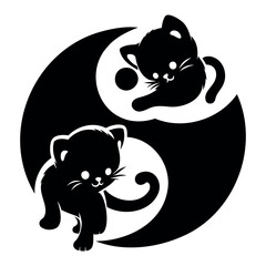 Yin yang kittens. Cute cats black silhouette on a transparent background. Round pattern in Asian style. Vector outline for tattoo.
