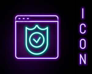 Glowing neon line Browser with shield icon isolated on black background. Security, safety, protection, privacy concept. Colorful outline concept. Vector