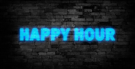 A neon happy Hour sign in front of a bar or pub. Slightly blurred bar or tavern background. Nightlife concept. Pink and teal colors.