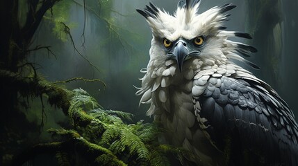 a regal image of a harpy eagle, with its imposing stature and striking plumage, deep within a pristine rainforest habitat - obrazy, fototapety, plakaty