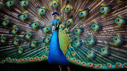 Rolgordijnen A regal peacock unfurling its magnificent tail feathers in a display of breathtaking beauty © Shahzaib