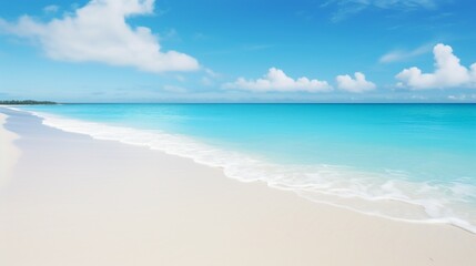 a remote, untouched beach, where turquoise waves gently lap against soft, powdery white sand beneath a cloudless sky