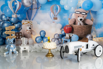 first birthday background with blue bears and cake