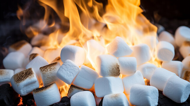 close up of burning marshmallows on a fire, close - up, selective focus.