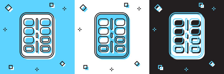 Set Nicotine gum in blister pack icon isolated on blue and white, black background. Helps calm cravings and reduces anxiety caused by quitting smoking. Vector