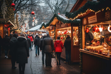 Christmas market with people shopping for holiday gifts and enjoying festive treats