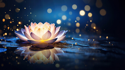 Beutiful water lily floating on the dark sparkling background